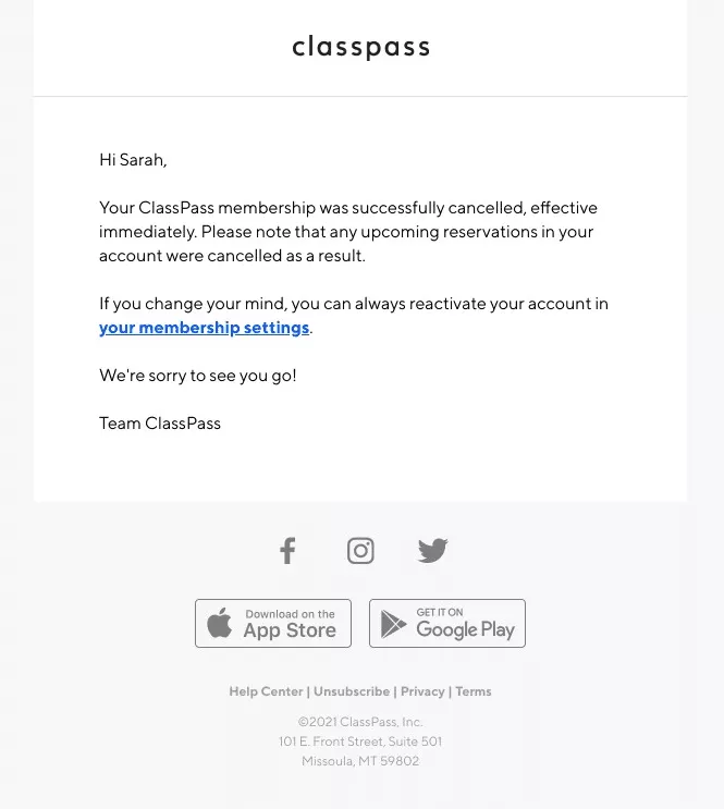 Email di conferma cancellazione ClassPass