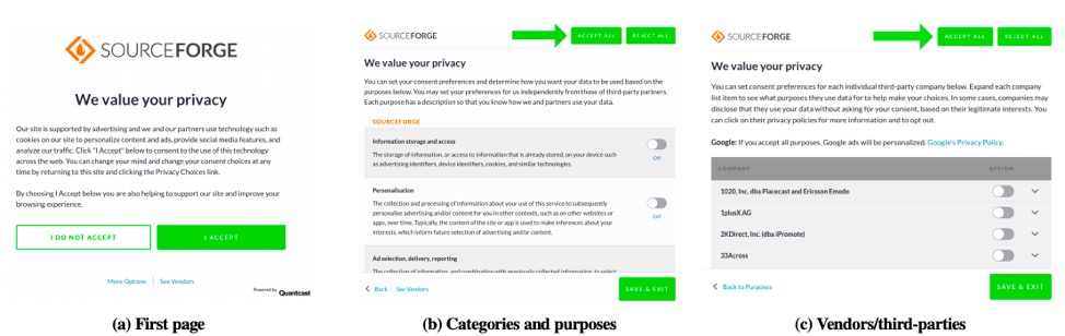 Ejemplo de los tres componentes del QuantCast CMP