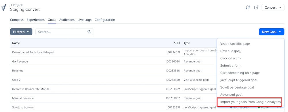 Importación de objetivos de Google Analytics a Convert Experiences