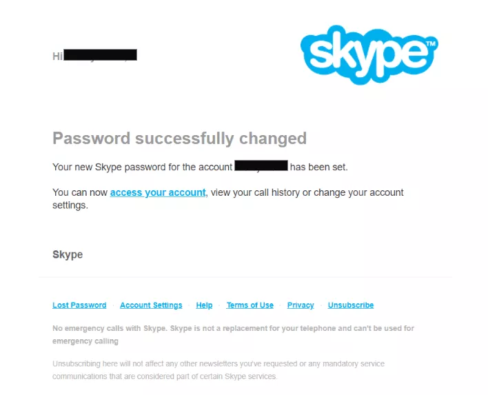 Kata sandi Skype mengubah email transaksional