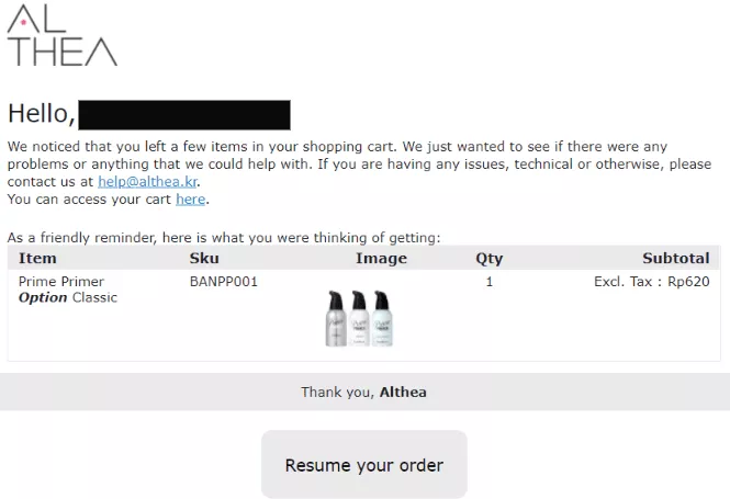 Email pengabaian keranjang dari Althea