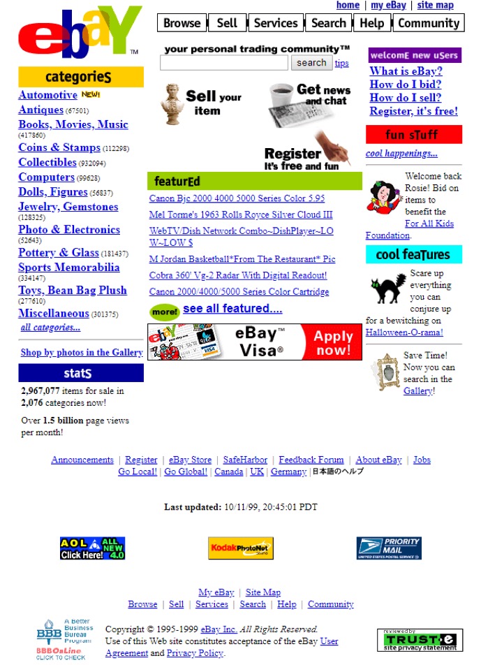 eBay w 1999 roku e-commerce UX