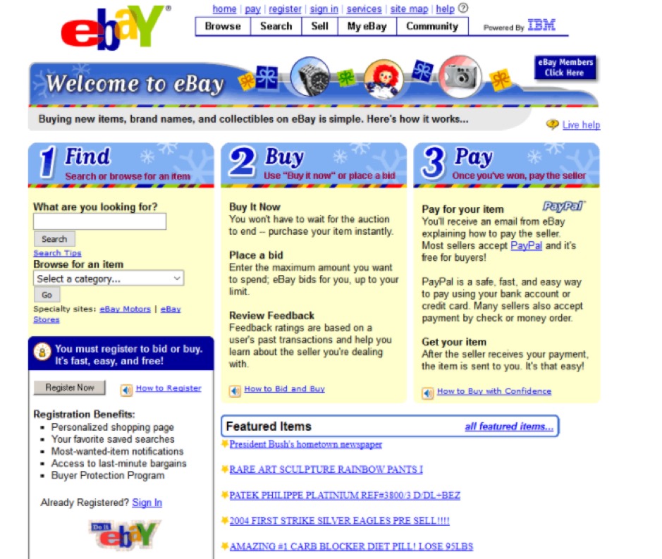 eBay w 2003 e-commerce UX