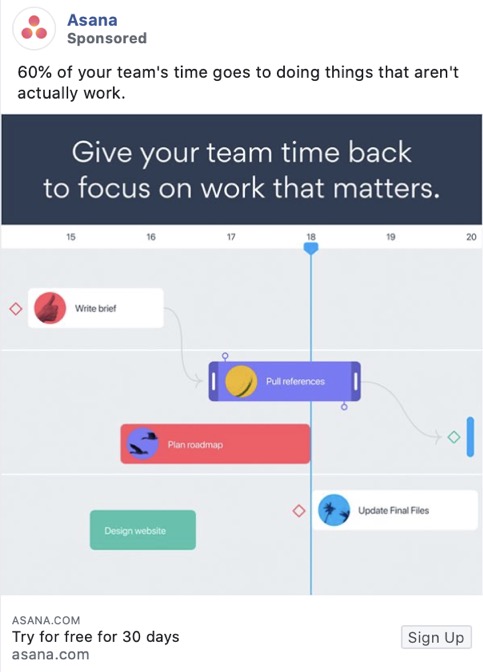 cópia eficaz do anúncio no Facebook Asana