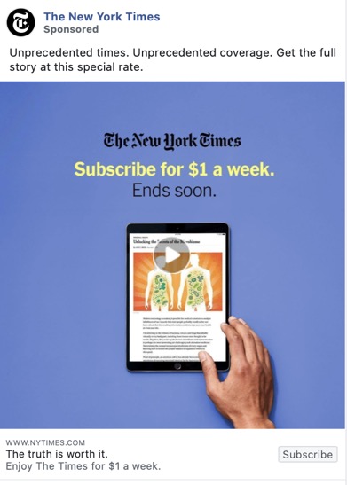 exemplo eficaz de CTAs de anúncios no Facebook New York Times