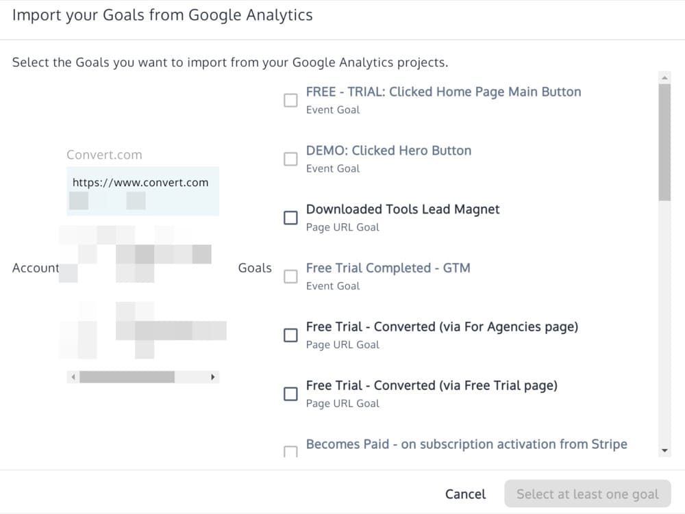 Importar metas do Google Analytics em Experiências de conversão