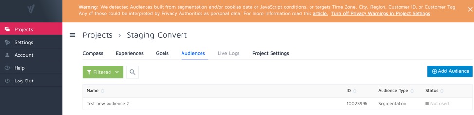 Audiences créées avec l'avertissement relatif aux données personnelles dans Convert Experiences
