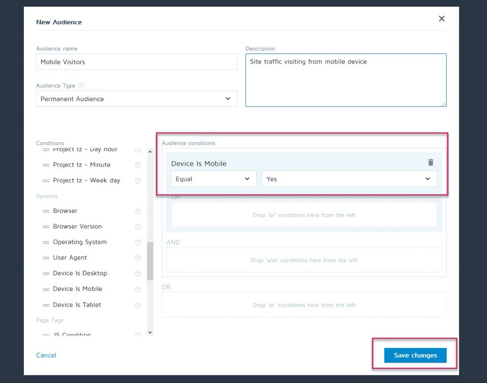 A/B testing Conditions d'audience mobile de Convert Experiences