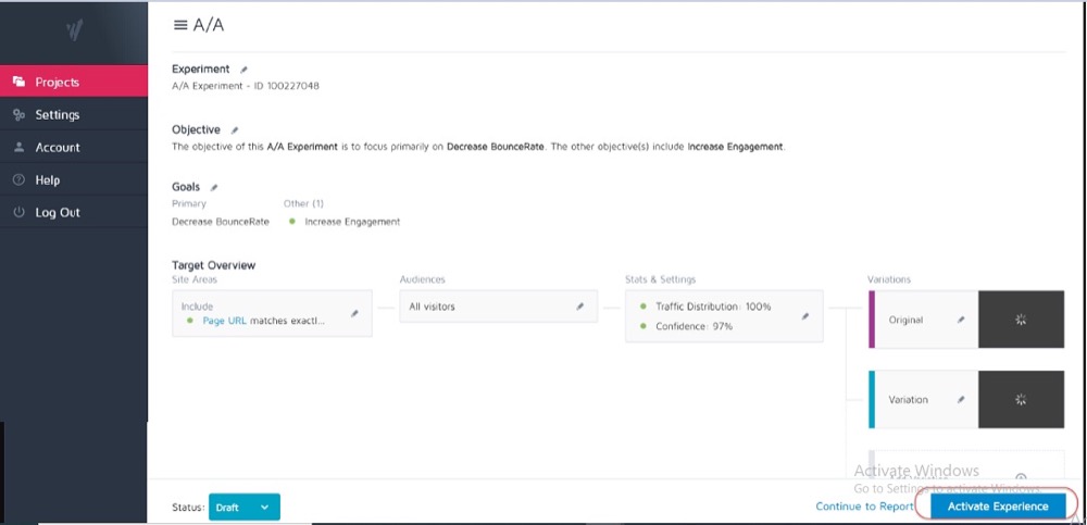 Configuration du test A/A dans Convert Experiences