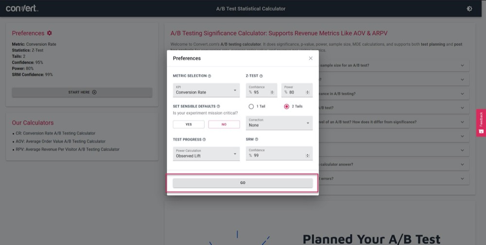 paramètres de test dans le calculateur de signification des tests A/B de Convert