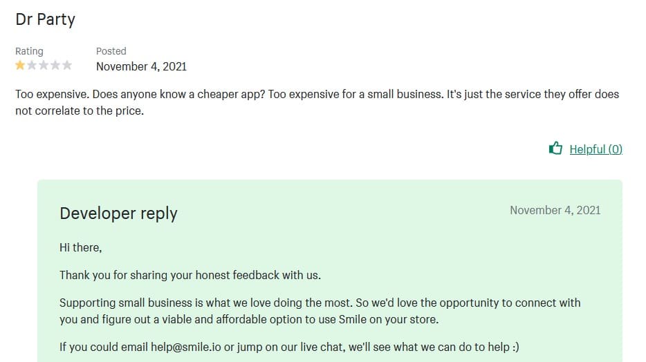 Revisión negativa de la aplicación Top Shopify Referral App Smile