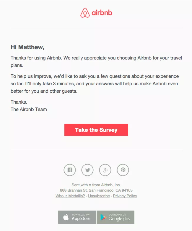 Contoh email umpan balik dari Airbnb