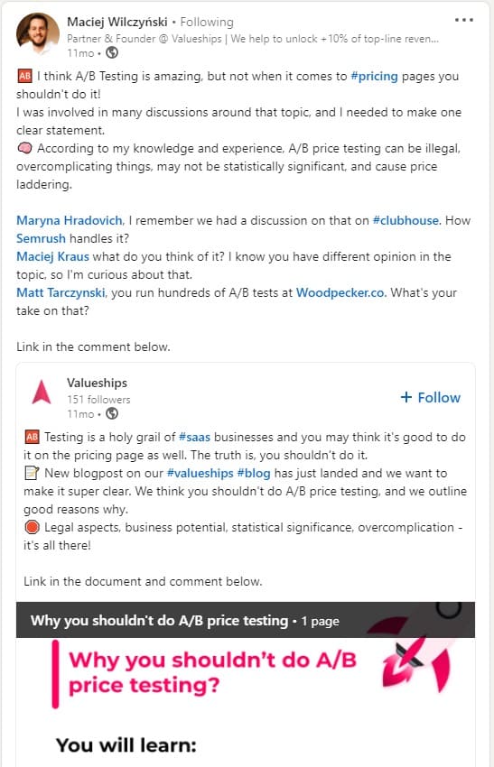 Maciej WilczynSki Post di LinkedIn su Quando non fare il test A/B