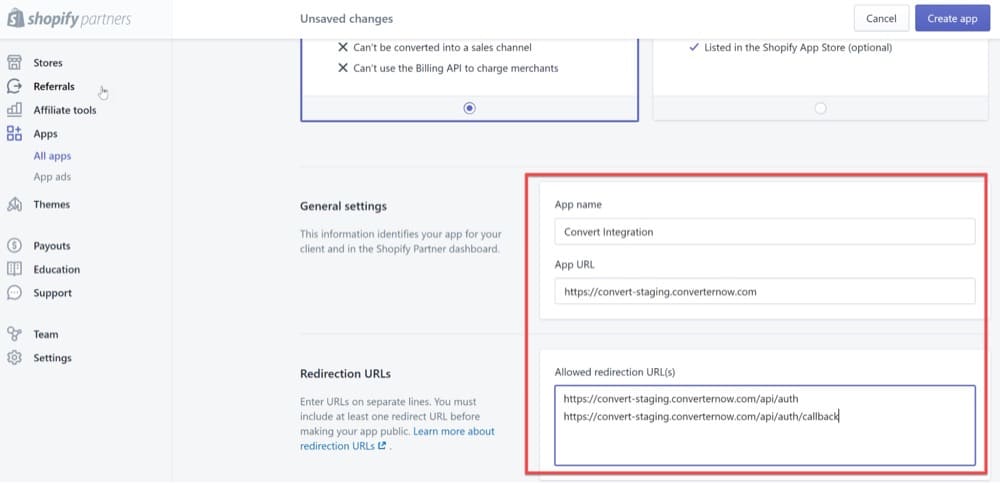 Adding Values in the Shopify Custom App Window on Convert Dashboard