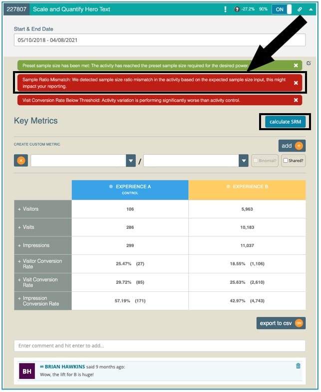 Alerta de relación de muestra no coincidente SRM Adobe Target