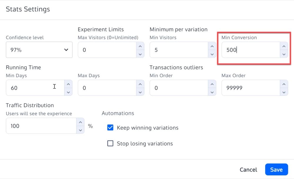 Convert Experiences test setup with 500 minimum conversions