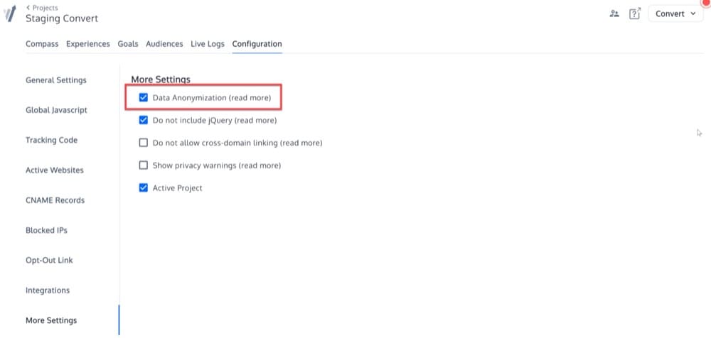 Opción de anonimización de datos de Convert Experiences