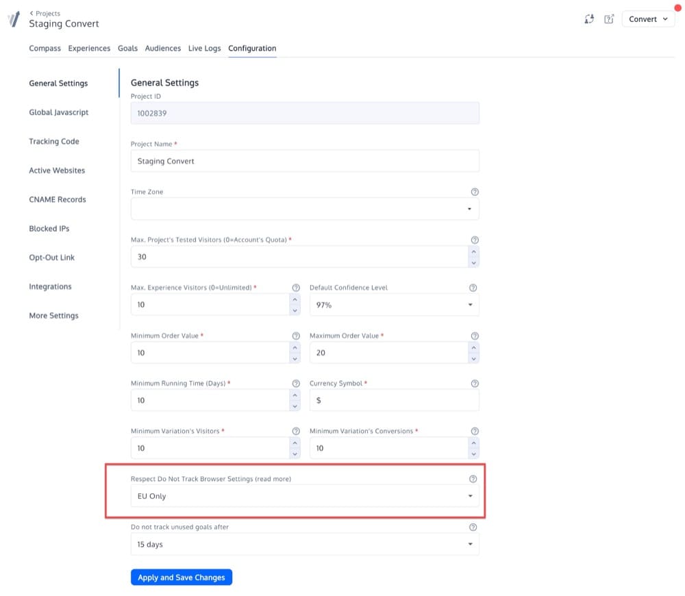 Convert Experiences no rastrea la configuración del navegador