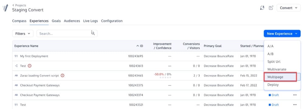 menú desplegable de experiencias A/B de varias páginas Convertir experiencias