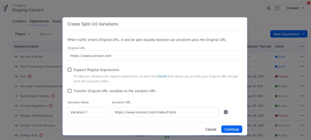 Cree variaciones de URL divididas en Convert Experiences