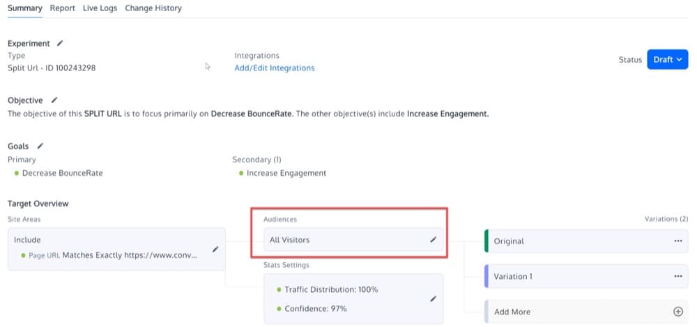 Configurar audiencias objetivo para la prueba de URL dividida en Convert Experiences