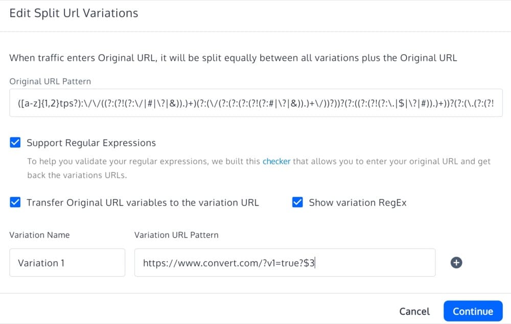 Editar variaciones de URL divididas Convertir experiencias