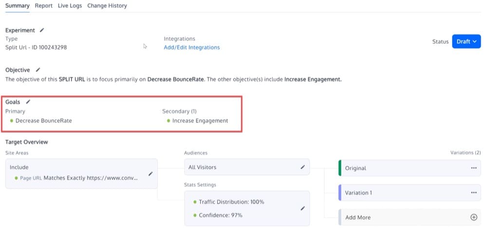 Configurar objetivos para la prueba de URL dividida en Convert Experiences