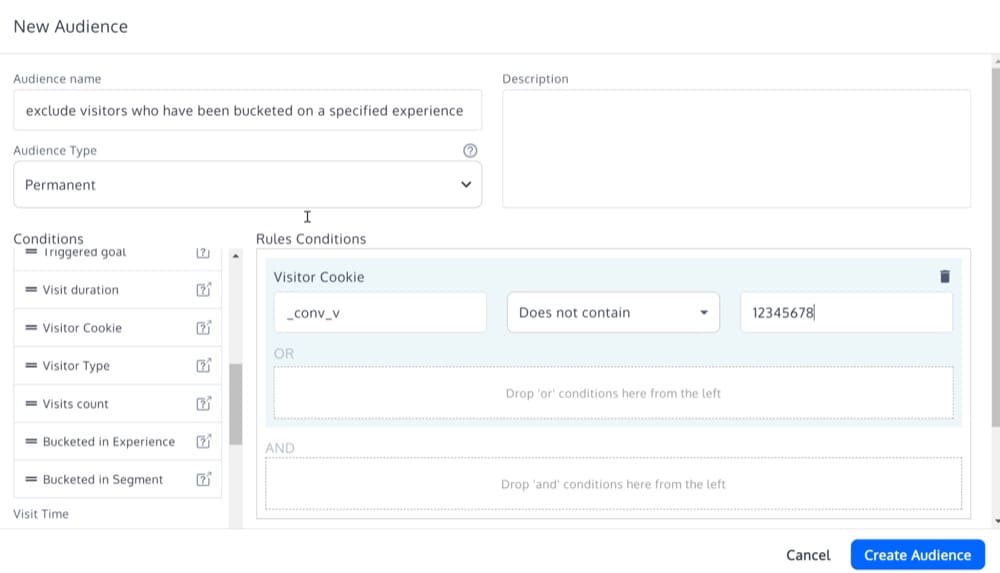 Condiciones de la regla de audiencia para la prueba de URL dividida en Convert Experiences