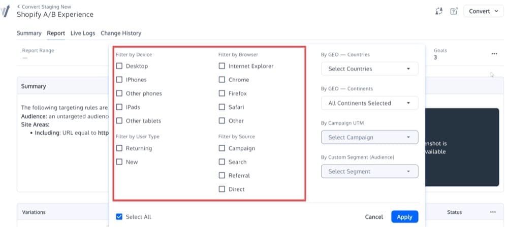 กรองผลการทดสอบแยก URL ด้วยเซ็กเมนต์เริ่มต้นใน Convert Experiences