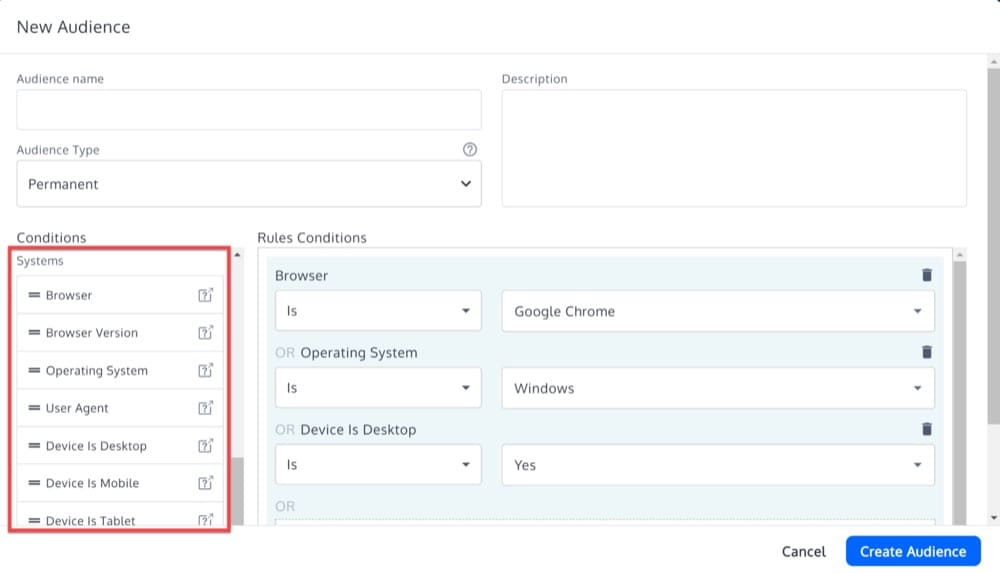 เลือกเงื่อนไขสำหรับผู้ชมใหม่ใน Convert Experiences