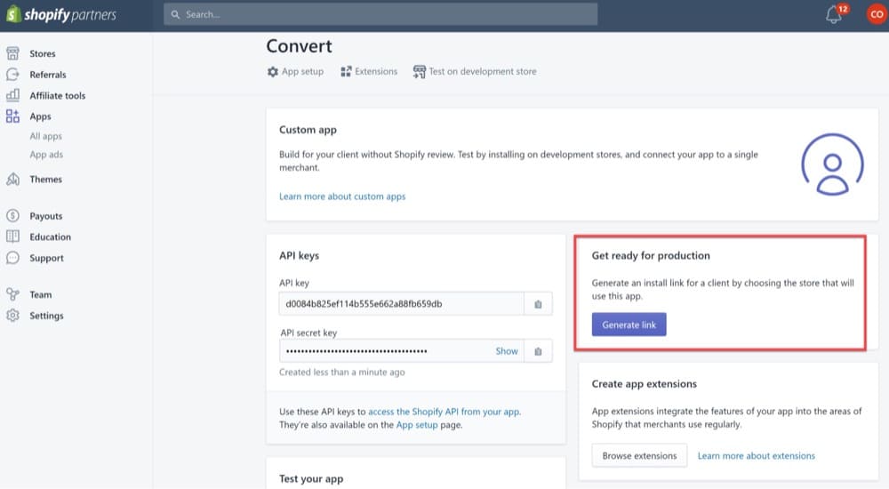 สร้างลิงก์ตัวติดตั้งเพื่อตั้งค่าการทดสอบ Shopify A/B ด้วย Convert Experiences