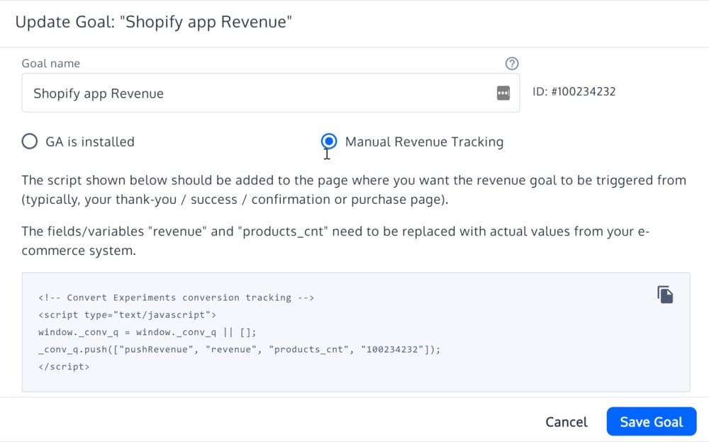 สร้างเป้าหมายรายได้ใน Convert Experiences เมื่อตั้งค่า Shopify A/B Testing