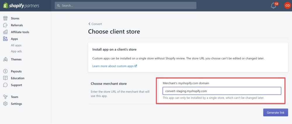 สร้างลิงก์ตัวติดตั้งเพื่อตั้งค่าการทดสอบ Shopify A/B ด้วย Convert Experiences