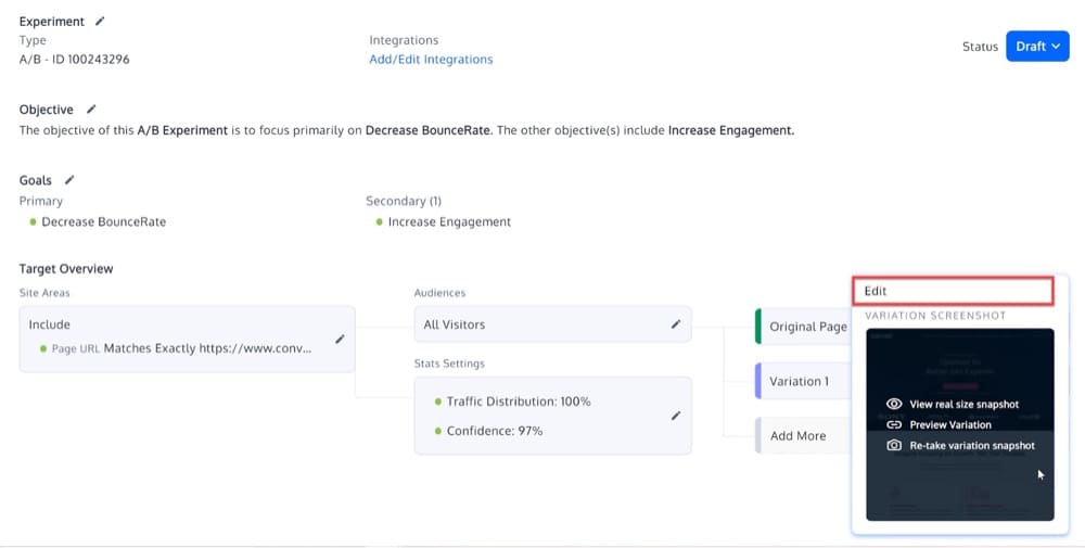 Accedi all'editor visivo di Convert nella sezione Variazioni