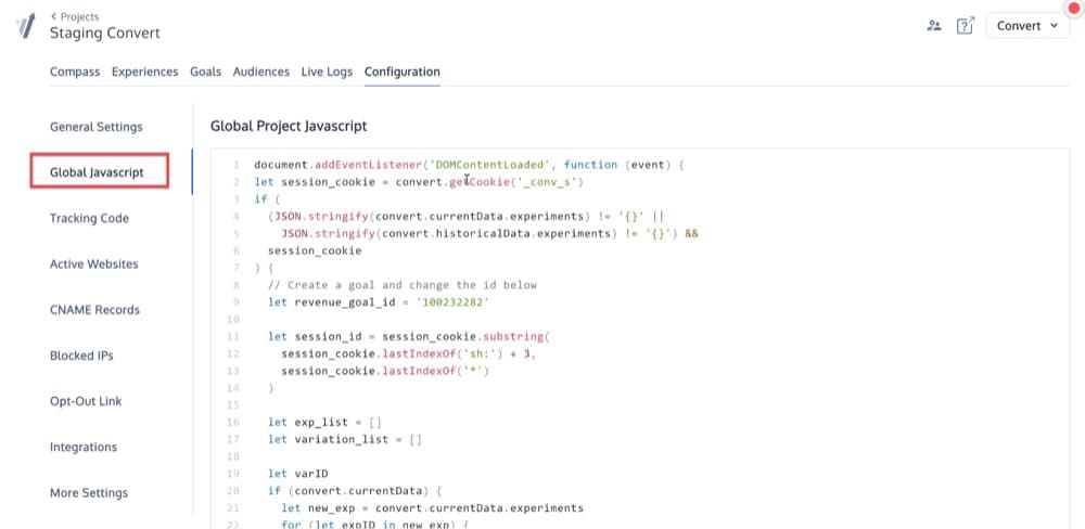 Accedi a Global Project Javascript quando usi Converti Visual Editor