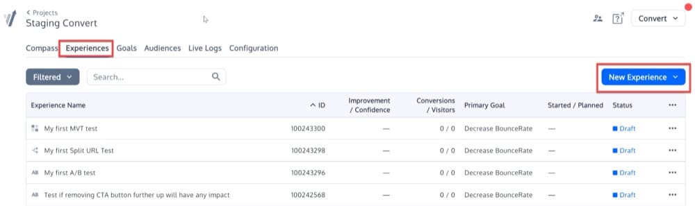 ConvertExperiencesを使用して簡単なA/Aテストを設定します