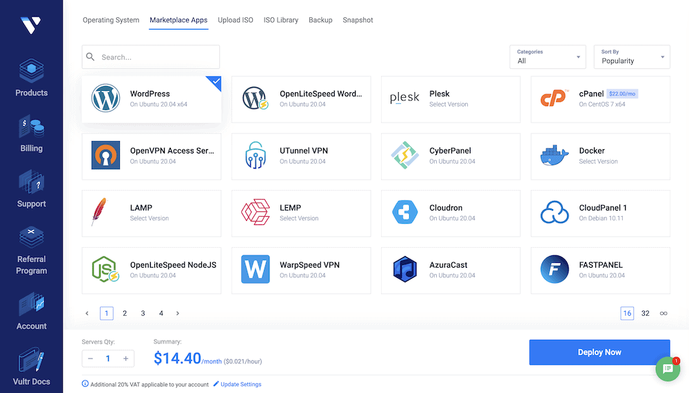 在 Vultr 中选择一键式 WordPress 实例。