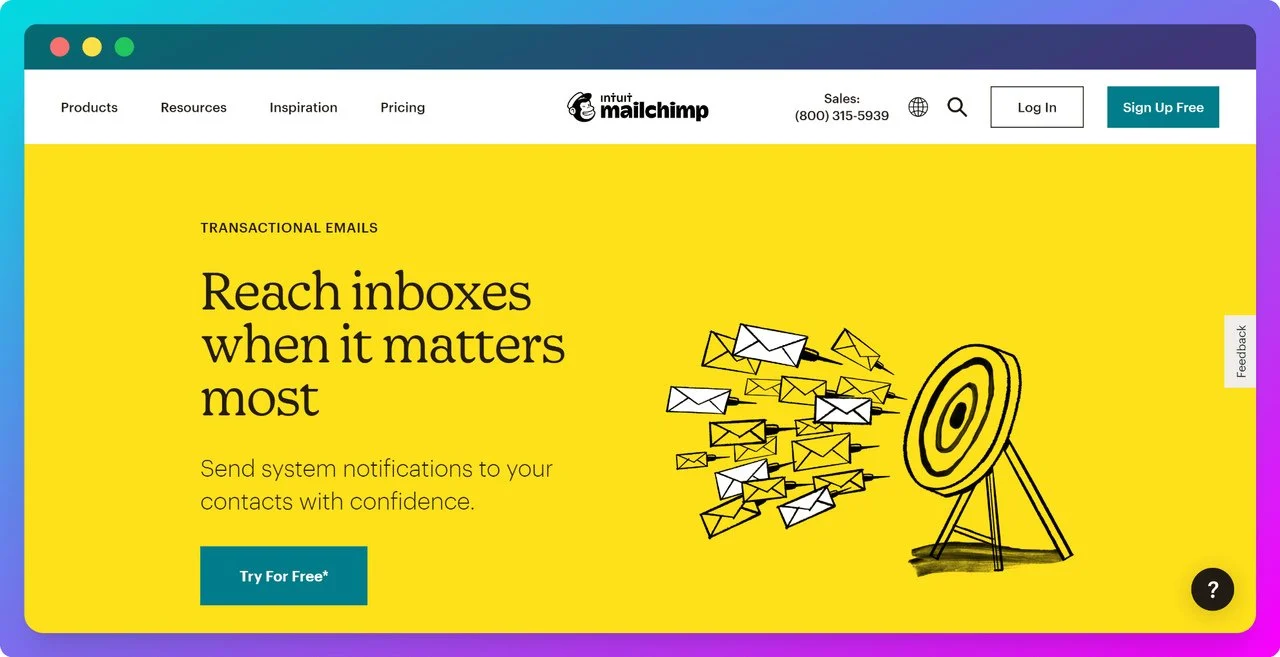 mailchimp-website-with-yellow-theme-as-transactional-email-software-solution