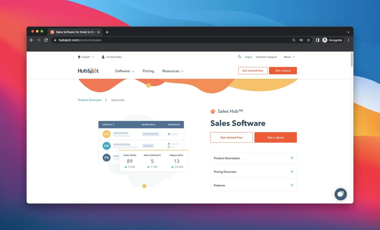 página de inicio de HubSpot Sales Hub, que es una herramienta de adquisición de clientes