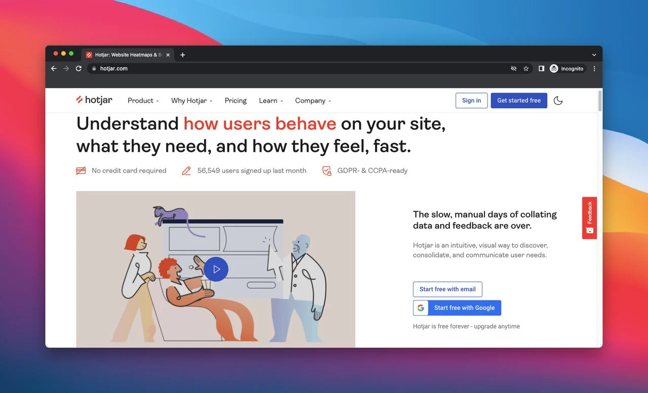 homepage do Hotjar que é uma ferramenta de aquisição de clientes