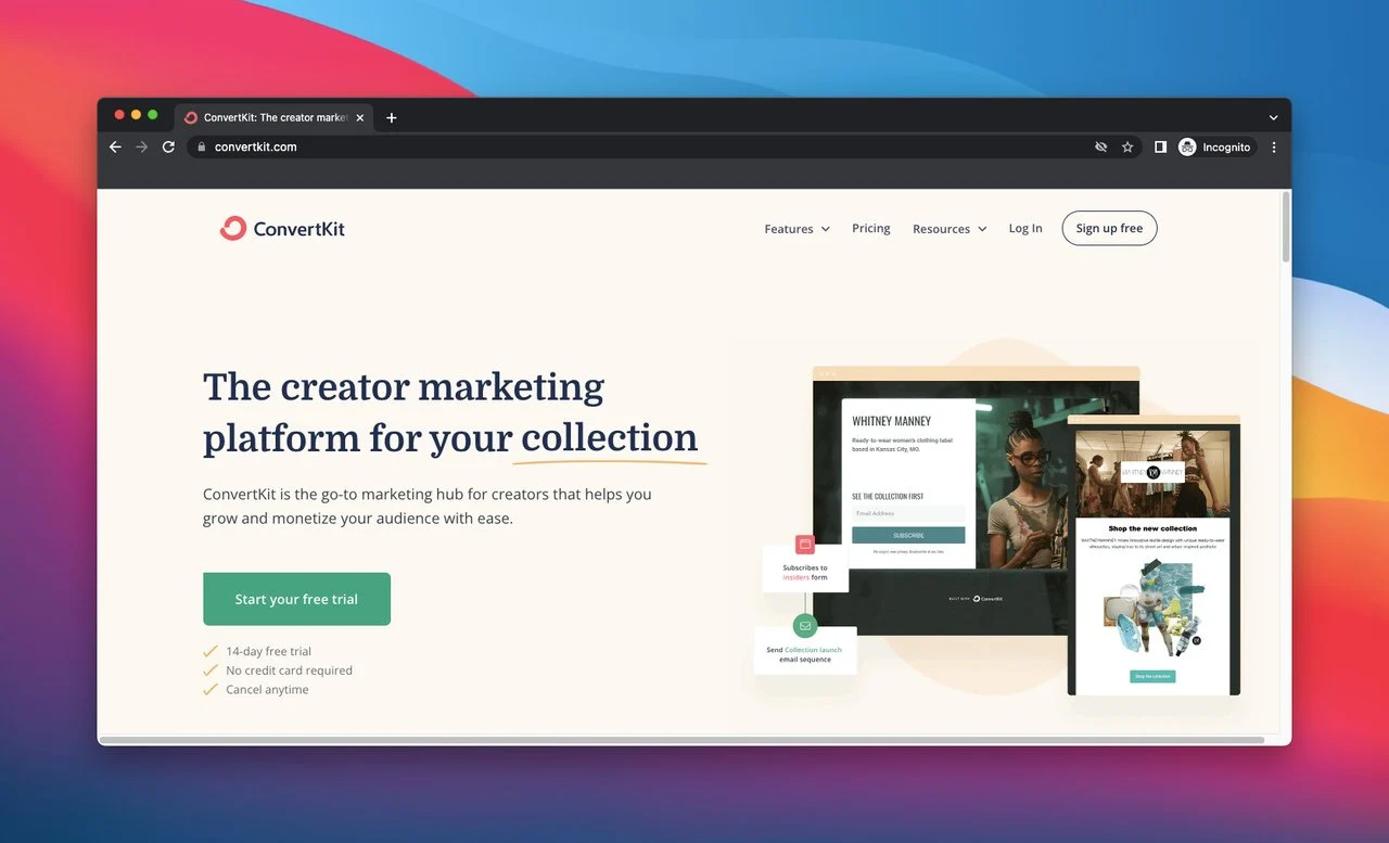 página inicial do Convertkit, que é uma ferramenta de automação de marketing