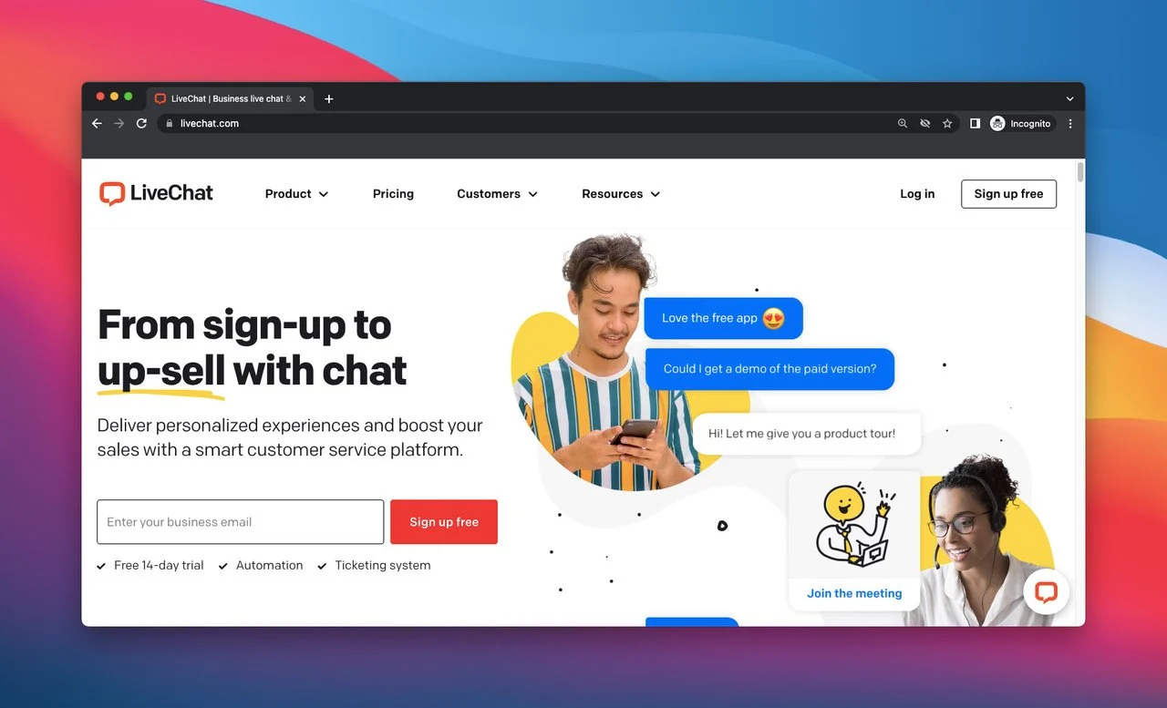 homepage do livechat que é uma ferramenta de help desk e aquisição de clientes