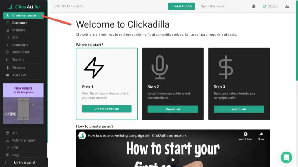 criando uma campanha no clickadilla