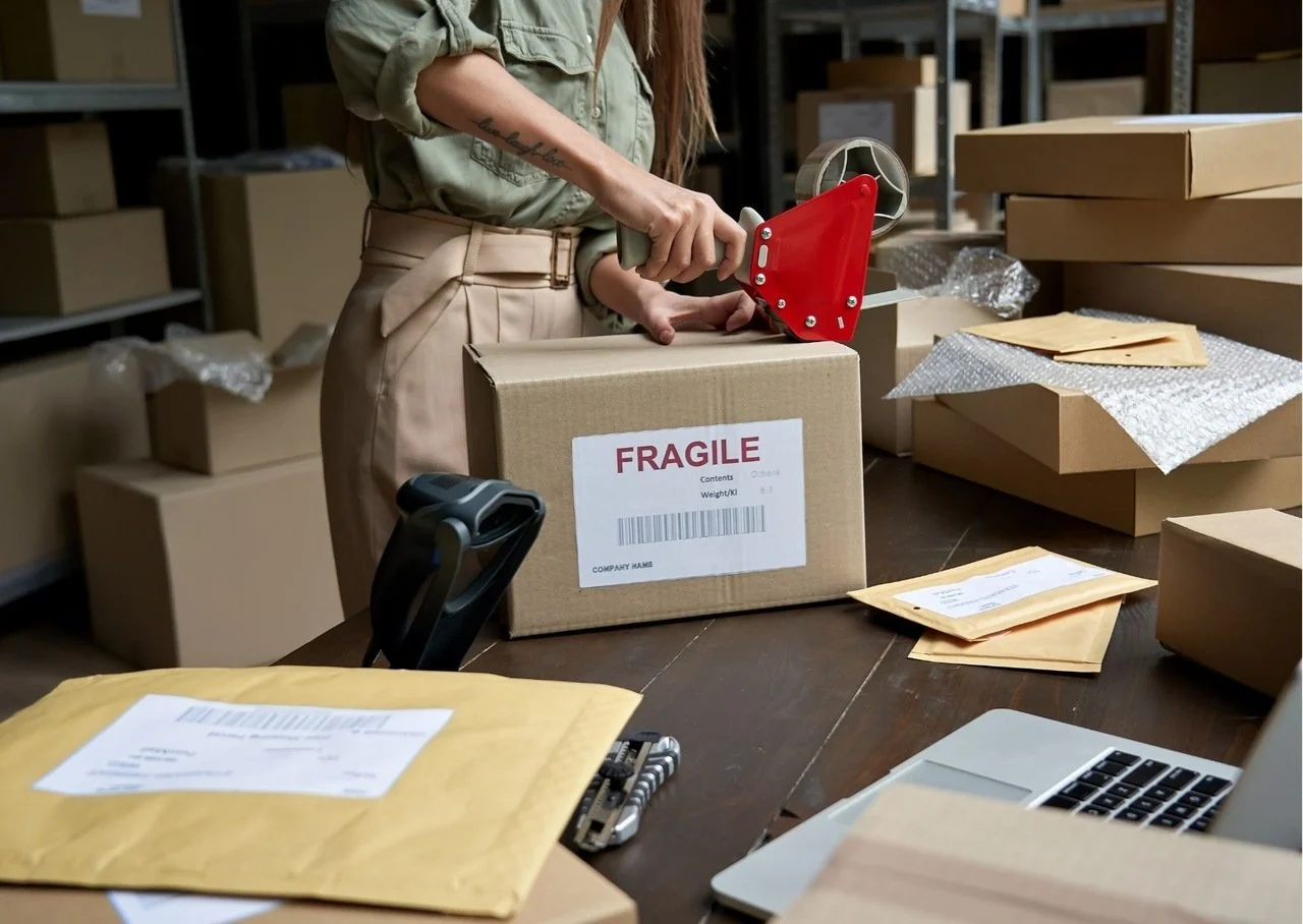 a woman seen with some part of her body preparing an order written fragile on it for dropshipping by strapping