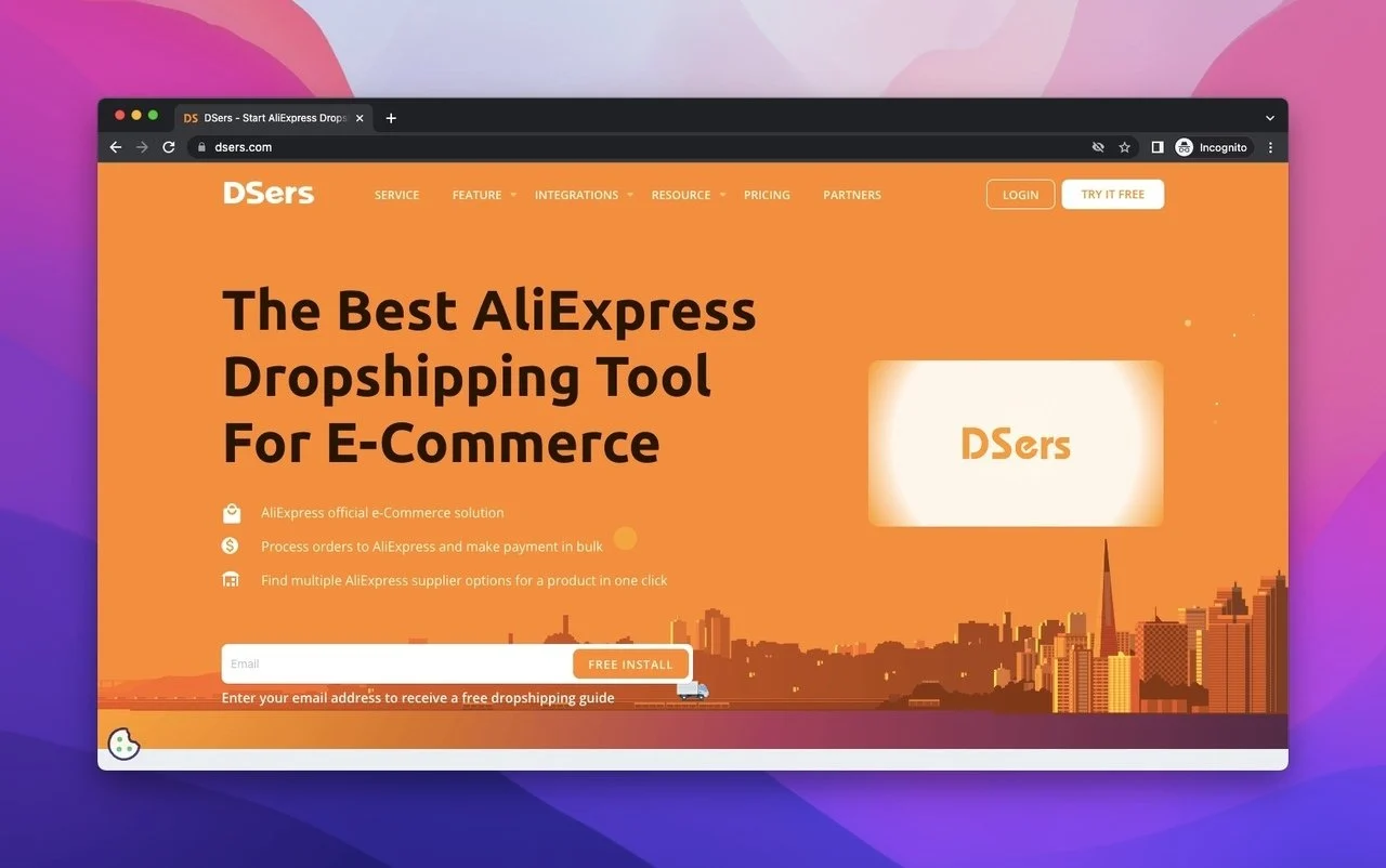 dsers-webpage on a fully orange background with the motto of DSers with the video showing the brand name on another side