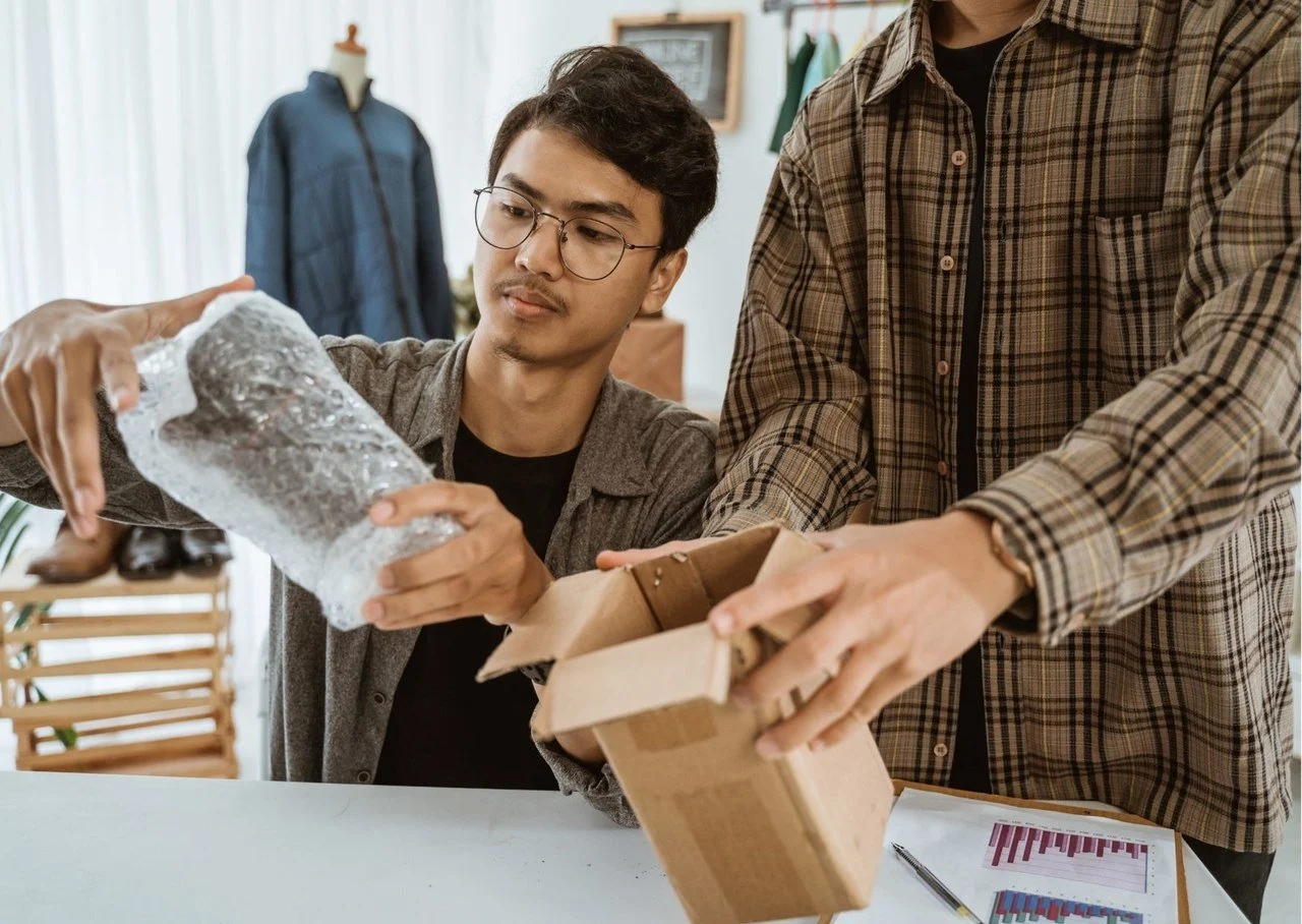 two people one of them is male with glasses packaging a product for a customer as a part of dropshipping process