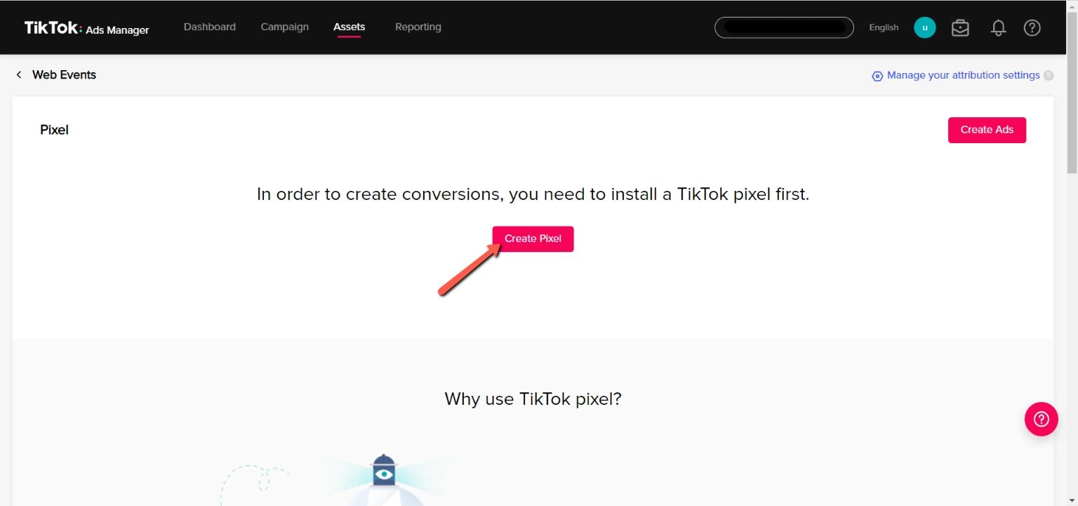 الخطوة 1 لإنشاء tiktok pixel