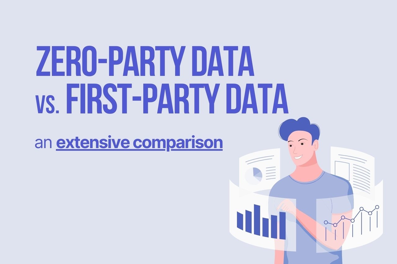 zero party data vs first party data blog cover image including the illustration of a man checking out multiple floating screens