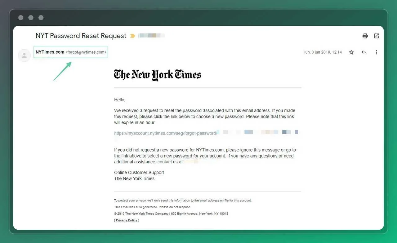 a screenshot of New York Times password reset transactional email example with a specefic email address