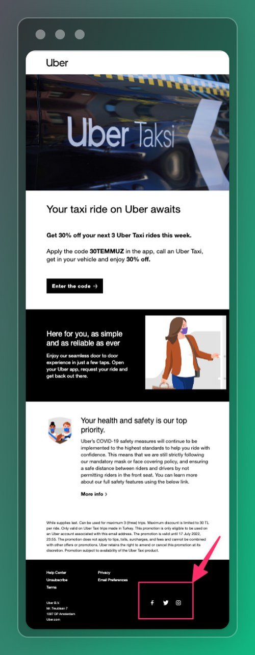 a screenshot of Uber promotional email with social media links in the end of the email